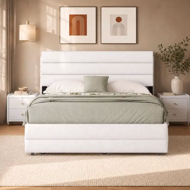 Letto matrimoniale 140x200 cm con letto estraibile e 2 cassetti; beige; in lino