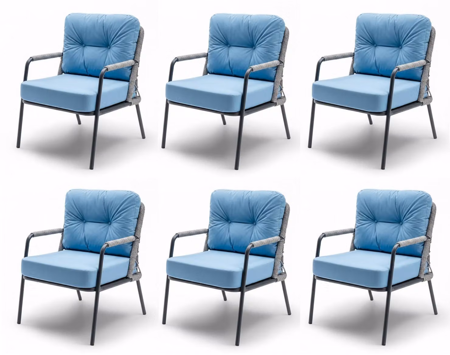 Sedia in stile moderno, colore azzurro-grigio, struttura in metallo con intreccio, nuova