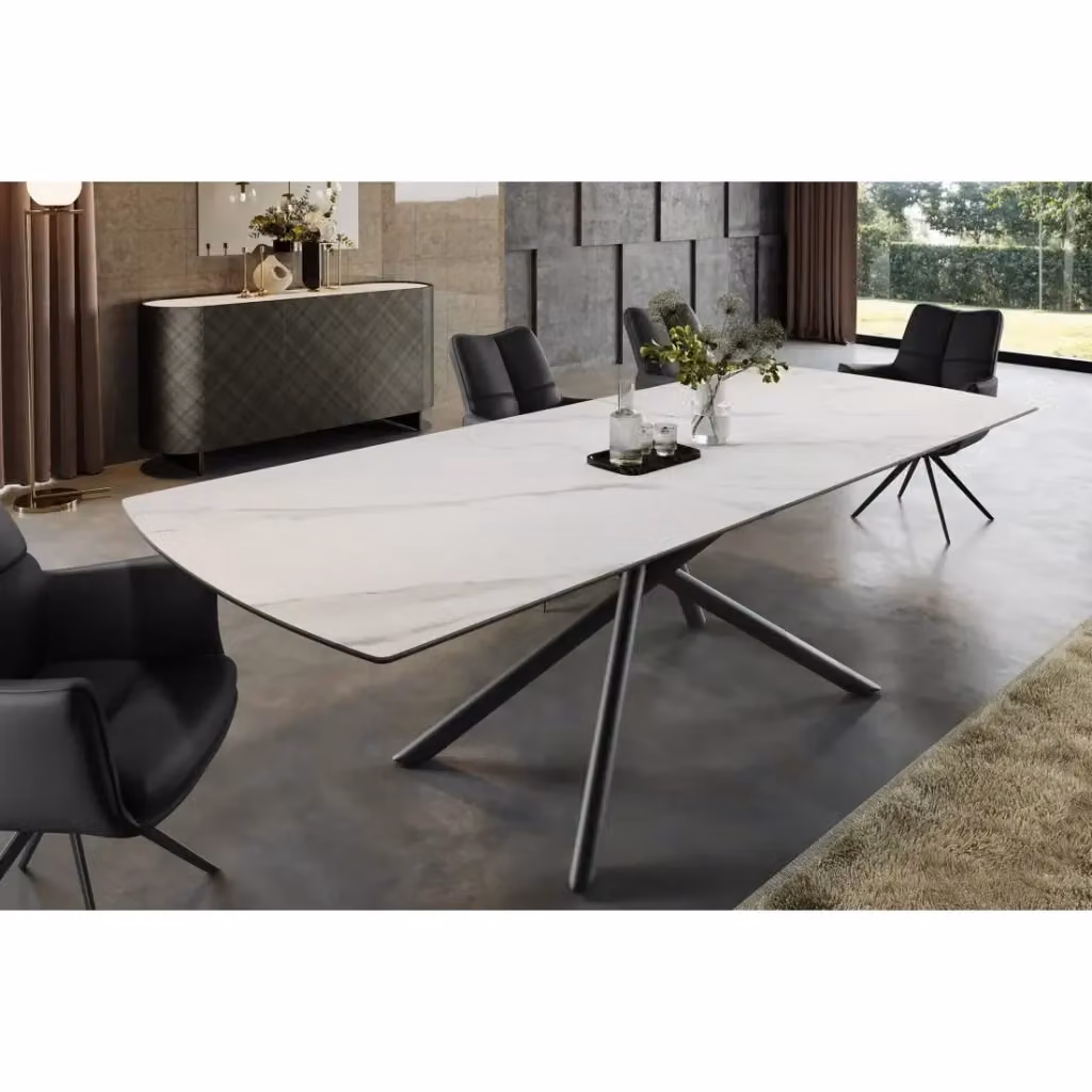 Tavolo da pranzo estensibile Meublorama moderno in ceramica bianca e metallo nero con piano rettangolare lucido – 2
