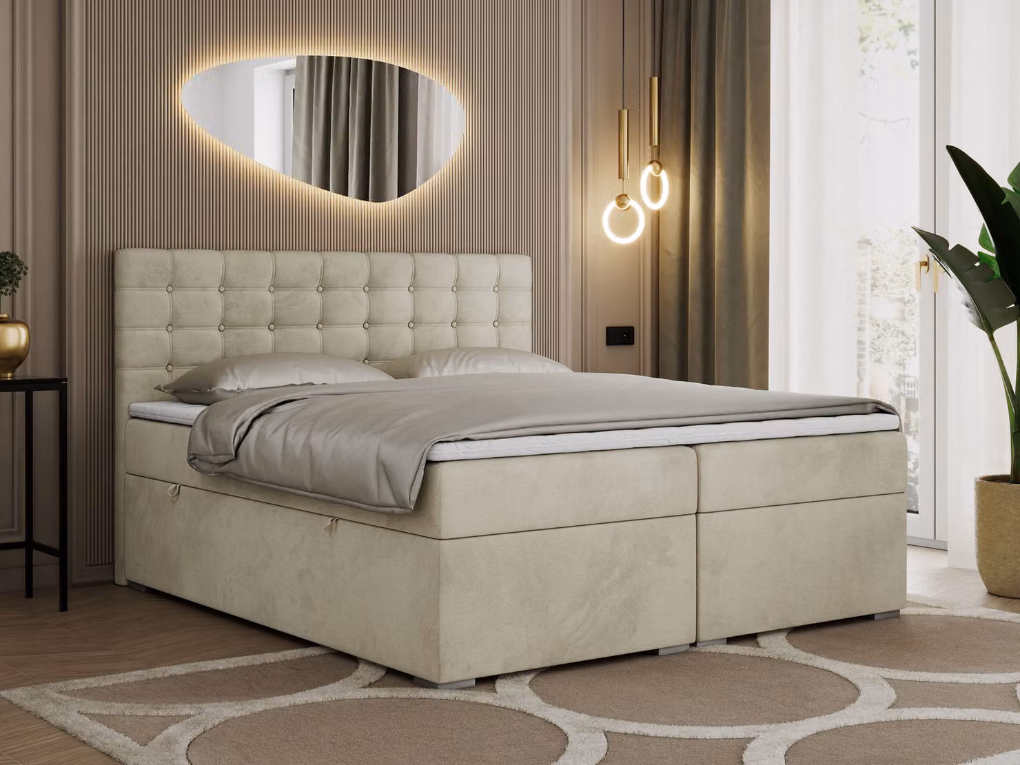 Letto boxspring 160x200 con contenitore, letto 160x200 con materasso e topper - SUSAN - 160x200 - Beige - Velvet - H4