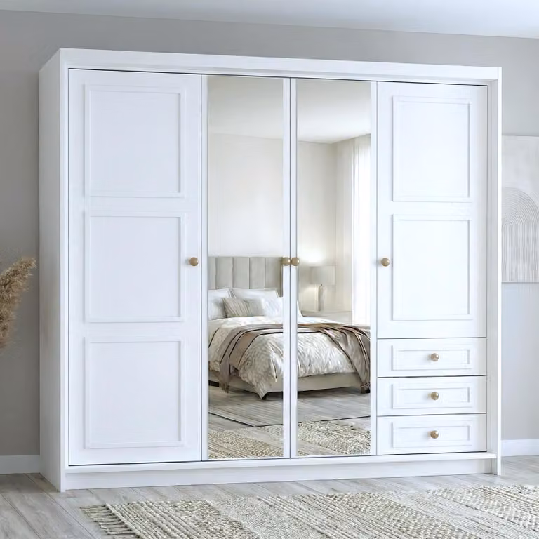 Spazioso armadio a quattro ante OSLO con cassetti e maniglie in metallo – design moderno Colore: bianco