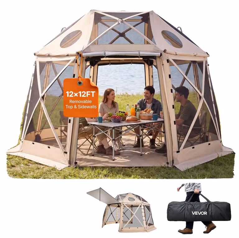 VEVOR padiglione pop-up 3,6 x 3,6 m, 13 lati, tenda da campeggio sferica con tetto rimovibile e borsa per il trasporto, ventilazione a 360° protezione solare, tenda per feste per 8-10 persone, beige