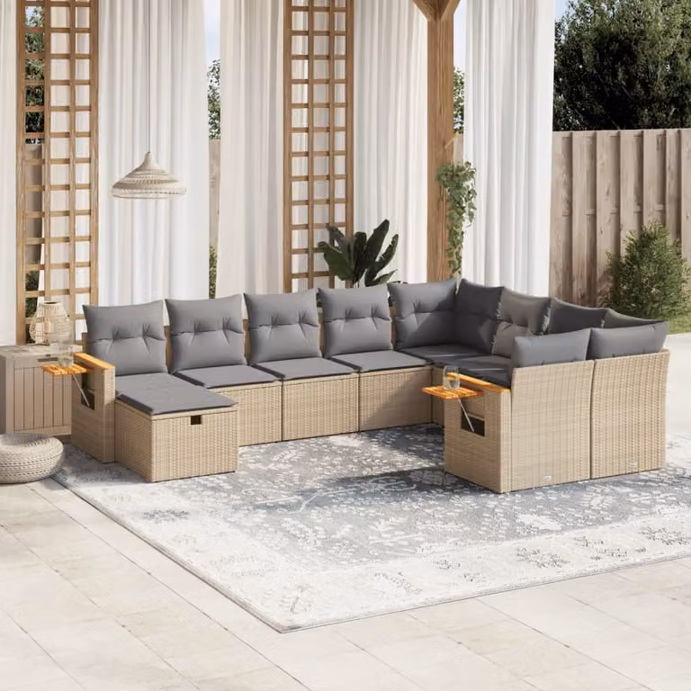 vidaXL Set Divano da Giardino 10 pz in Polyrattan con Cuscini Beige e Tavolino da Esterno