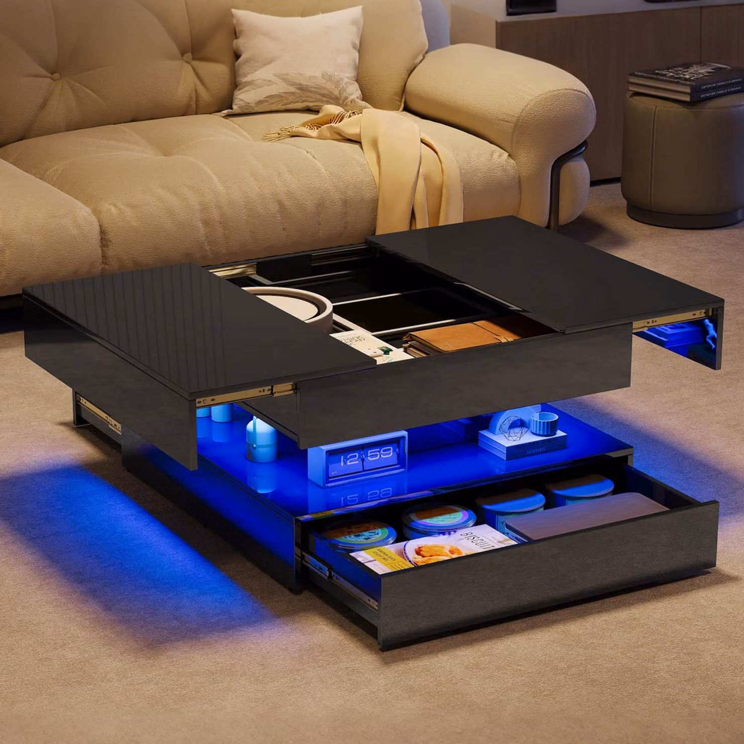 UnboxG Tavolino da salotto 78×78×43 cm Nero, lucido Quadrato, allungabile con cassetto e spazio contenitivo, luce d'atmosfera a LED tramite app, soggiorno, tavolino