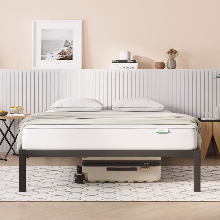 Struttura del letto in metallo, altezza 30,5 cm, dimensioni 140x190 cm, colore nero, con rete a doghe