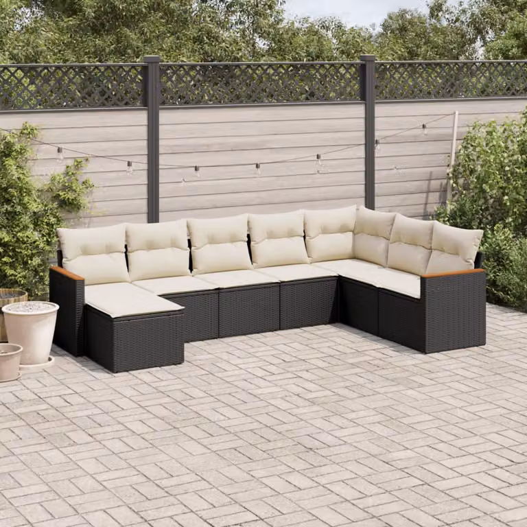 Set Divani da Giardino a L vidaXL in Polyrattan e Legno di Acacia con 8 Cuscini Bianchi e Struttura in Acciaio Nero