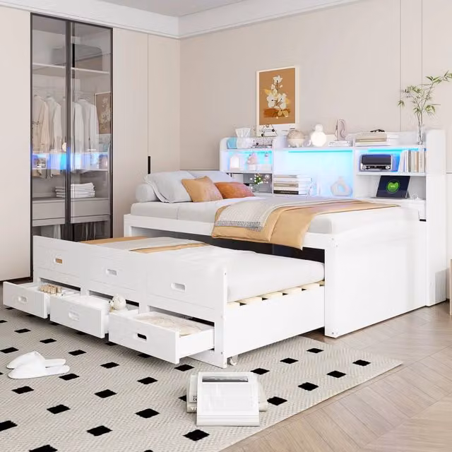 Letto divano 90 × 200 cm con letto estraibile, 3 cassetti, LED regolabile, USB e Type-C, senza materasso, bianco