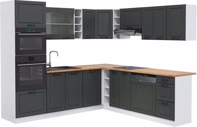 Cucina angolare completa R-Line Vicco colore Antracite e Bianco con dettagli Rovere, L/P/H: 247 x 237 x 60 cm