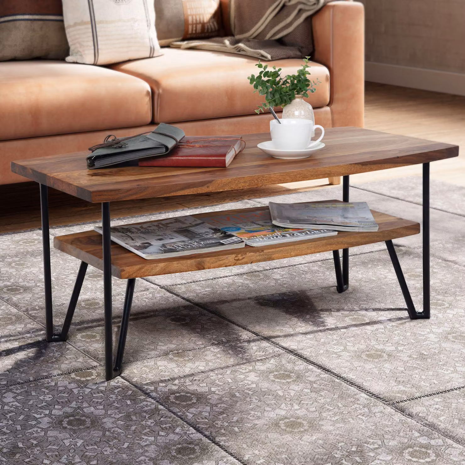 FineBuy tavolino 90x50x40 cm in legno massiccio sheesham / metallo tavolo da divano tavolo rettangolare da salotto tavolino con vano portaoggetti tavolo in legno da salotto