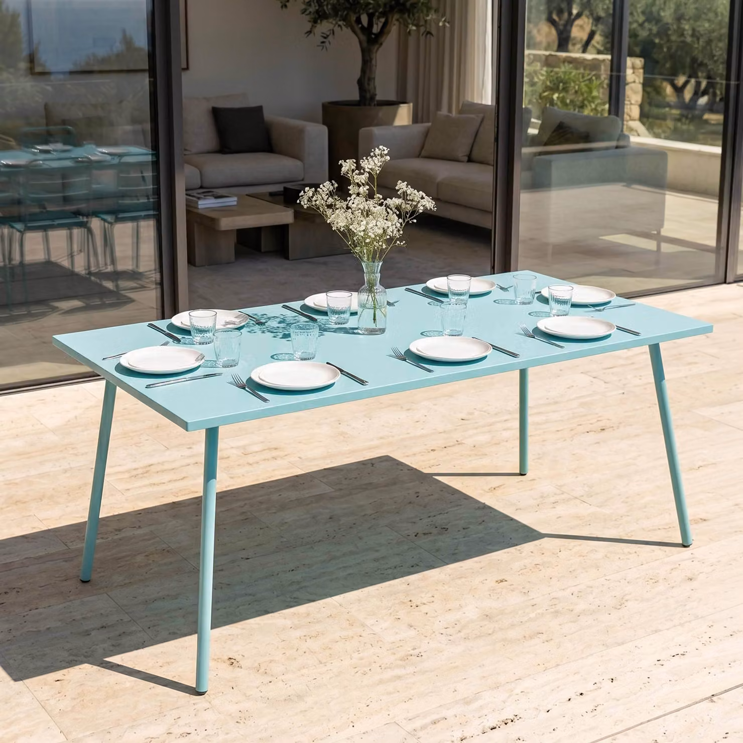 Tavolo da giardino rettangolare in metallo turchese 120 cm - Oviala Palavas