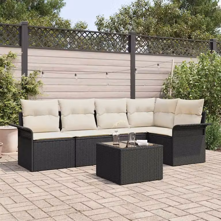 Set Divano da Giardino a L vidaXL 6 Pezzi Nero con Cuscini e Tavolino in Polyrattan e Acciaio