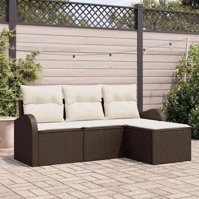 Set di divani da giardino a L vidaXL con pouf, colore marrone e bianco, struttura in metallo e rattan resistente ai raggi UV