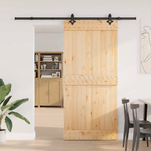 Porta scorrevole moderna vidaXL NARVIK in legno e acciaio, colori Naturale e Nero, L 95 cm x H 210 cm