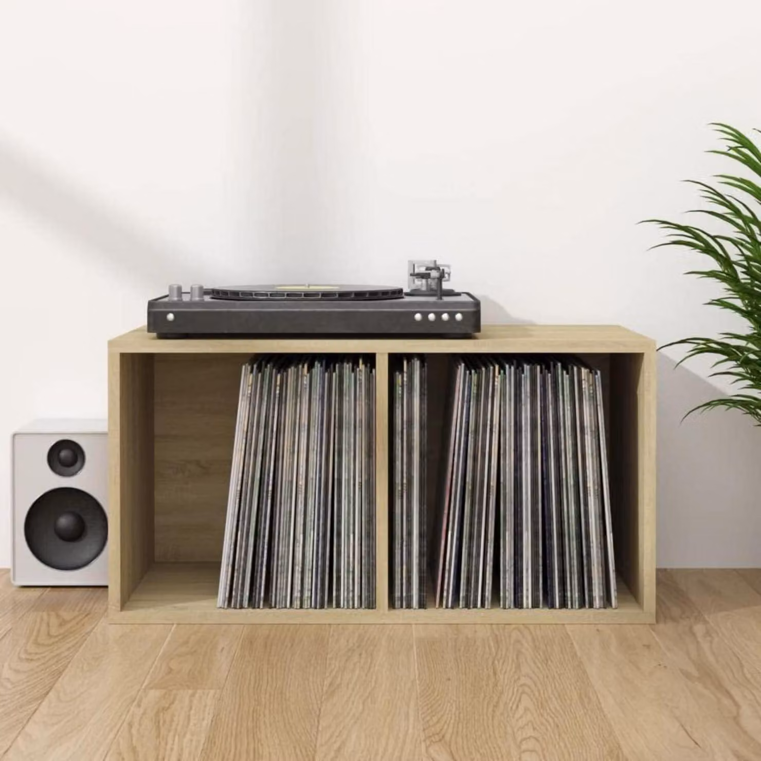 Contenitore per dischi in vinile con 2 scomparti, in legno di quercia Sonoma, dimensioni 71x34x36 cm
