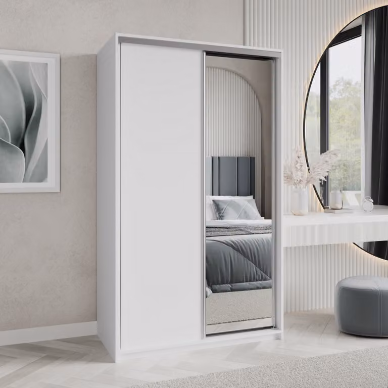 Armadio scorrevole Masseno TAVI 120/205/60 cm Armadio con cassetti Armadio per camera da letto a 2 ante con specchio Bianco + satinato