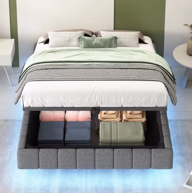 Letto imbottito 140x200 cm grigio in tessuto con LED e vano contenitore