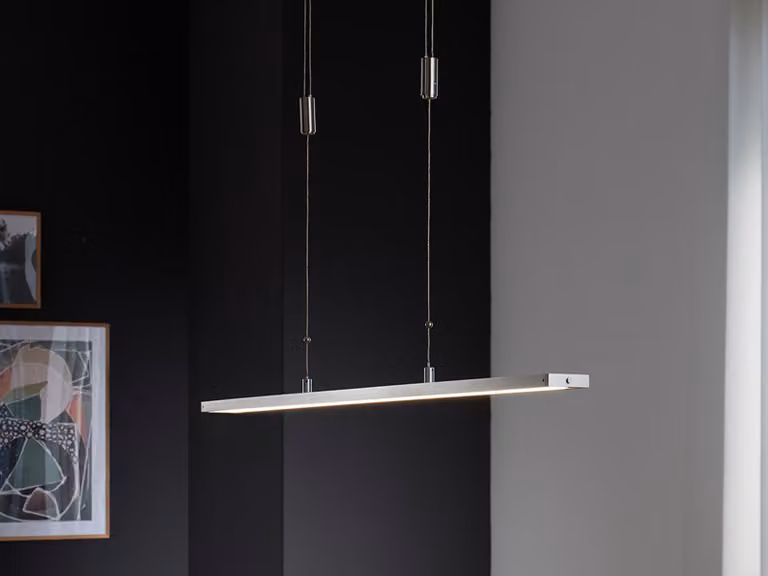 Lampada a sospensione LED stretta regolabile in altezza, dimmerabile e con colore della luce CCT, lunghezza 90 cm
