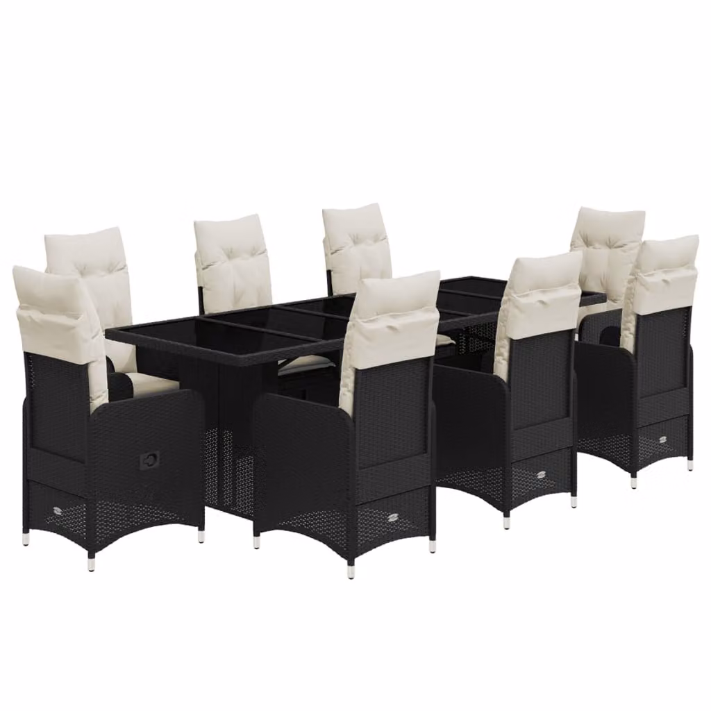 Set Bistrò da Giardino 9 pz con Cuscini in Polyrattan Nero