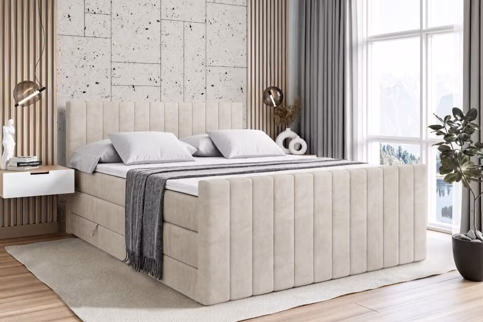 Letto boxspring ALTDECOR con pediera, 2 materassi e topper - 120x200 cm - EDITA-Z KING - Velluto color taupe - Letto imbottito con materassi H3 e H4, contenitore e rete a doghe, letto con spazio contenitivo