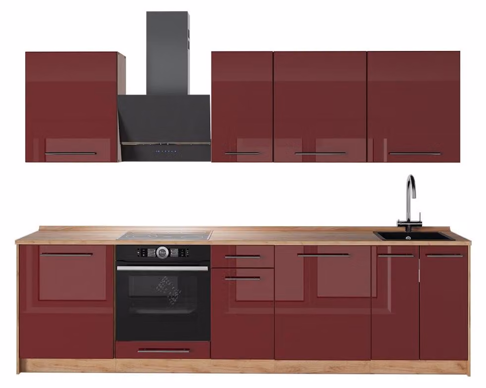 Cucina componibile Vicco Fame-Line Bordeaux lucido/Rovere dorato 280 cm, PL Antracite, Model 64204