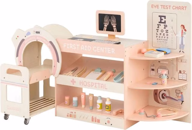 Set gioco dottore Design Mania in legno rosa per bambini con kit ospedale e cartello per gioco di ruolo educativo