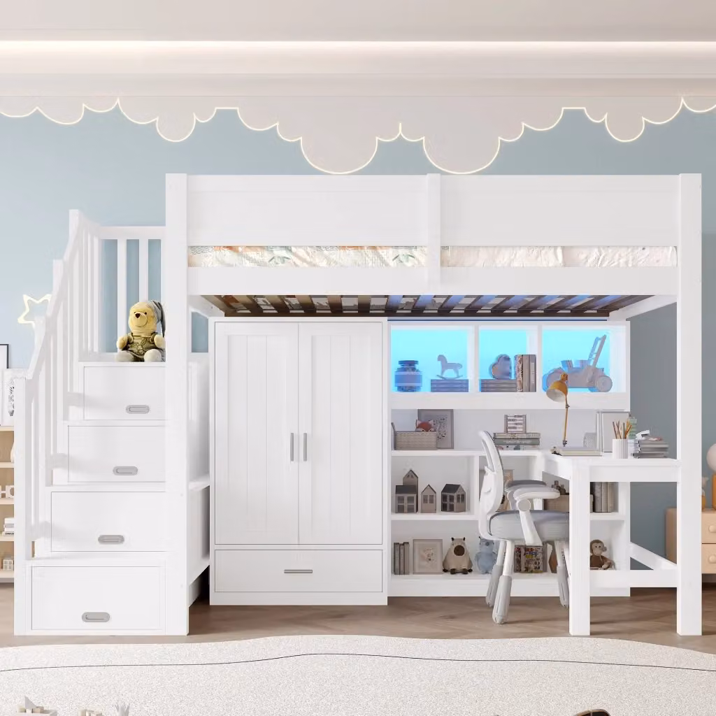 Letto a castello CIPACHO bianco con scrivania regolabile, illuminazione LED e contenitori per bambini L/P: 90 x 200 cm – 2