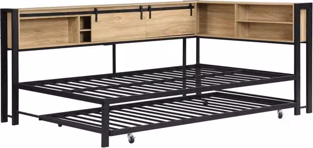 Letto matrimoniale moderno con contenitore e ricarica USB, materiali misti metallo e MDF, L/P/H: 120 x 200 x 142 cm, colori nero e marrone – 1