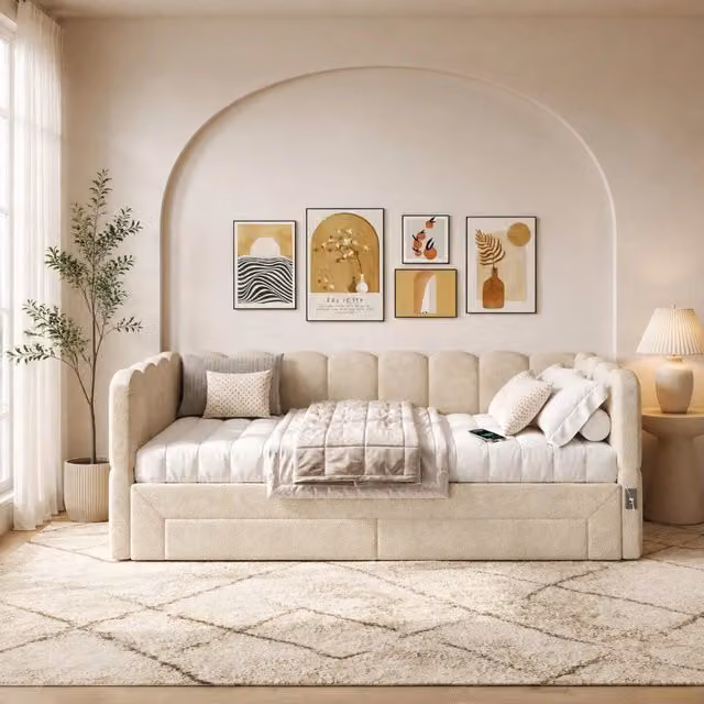 Letto da giorno 90x190 cm estensibile a 180x190 cm con 2 cassetti, USB e USB-C in ciniglia beige
