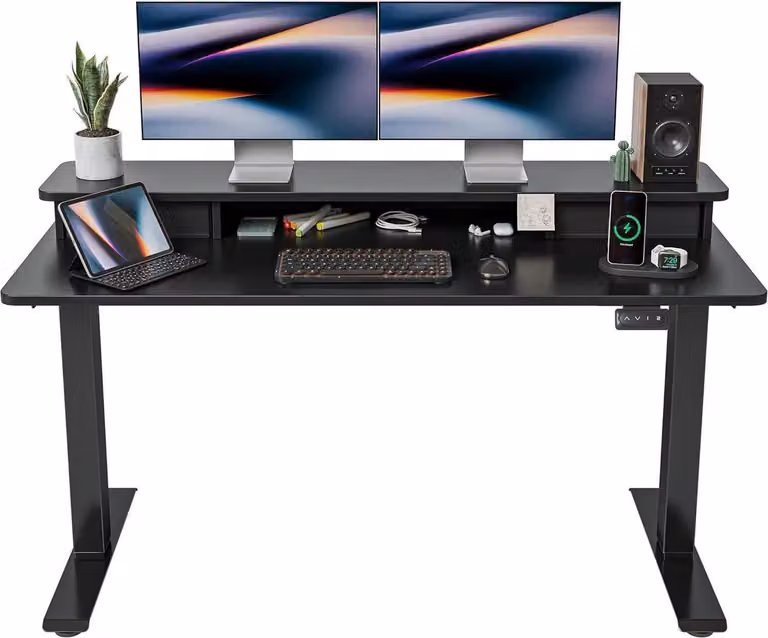 FEZIBO Tavolo alto elettrico 140x60 cm con doppio cassetto, ripiano - Nero