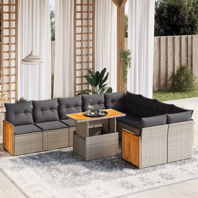 Set Divano da Giardino vidaXL 10 pz in Polyrattan Grigio con Cuscini e Tavolino da Esterno