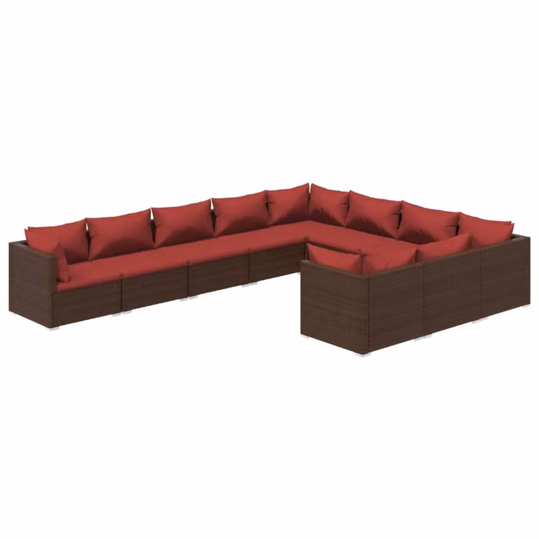 Set Divani da Giardino 10 pz con Cuscini in Polyrattan Marrone