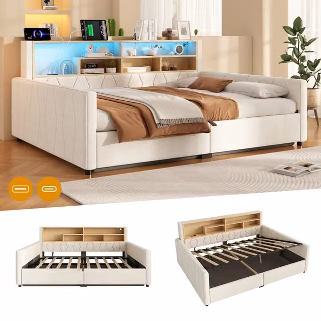 Letto contenitore 140x200 cm beige in lino e MDF con LED e prese USB