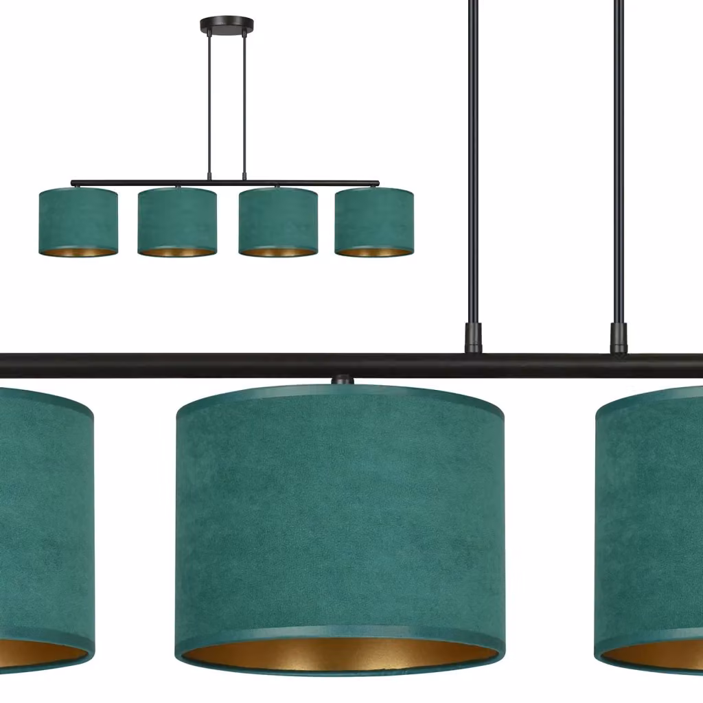 Lampadario a sospensione Vinayaka Luceart-Classic con 4 luci in metallo nero e oro e paralumi in tessuto verde – 2
