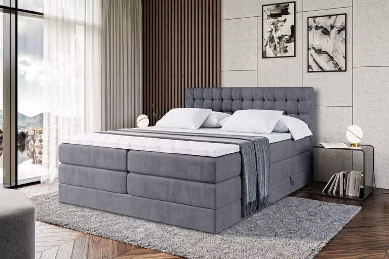 Letto boxspring ALTDECOR con materasso e rete a doghe - VIONE KING - 200x200 cm - Velluto grigio scuro - Topper, letto imbottito con contenitore, letto con vano portaoggetti H3 e H4 - Materasso, letto matrimoniale, letto boxspring