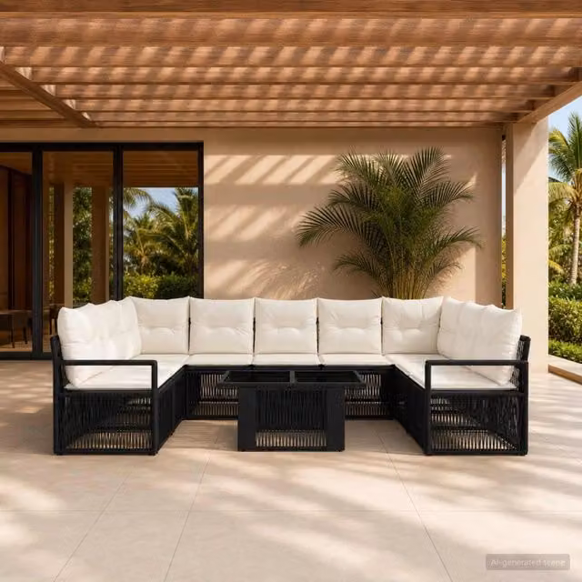 Set Divano da Giardino 10 pz Nero e Bianco Crema polyrattan 3437143