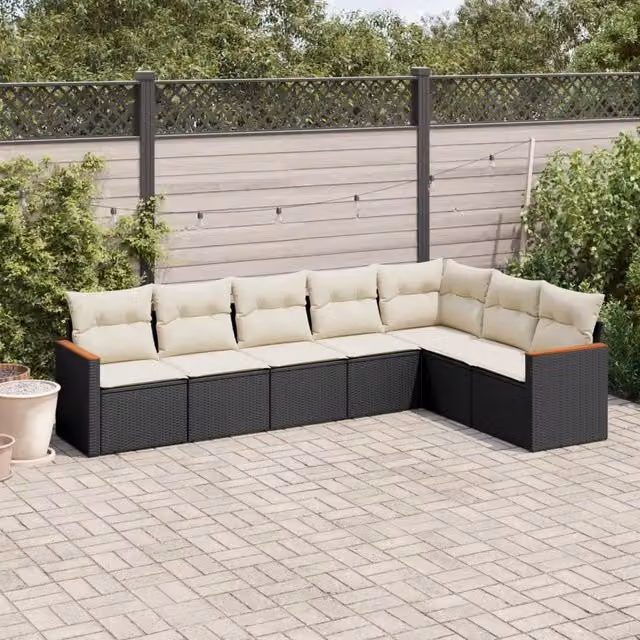 Set di Divani da Giardino a Forma di L vidaXL con Cuscini Bianchi e Nero in Polyrattan e Metallo