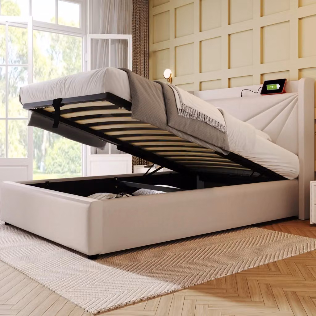 Letto Contenitore REDOM Beige con Porta USB Tipo C e Struttura in Tessuto e Metallo L/P/H: 90 x 200 x 107 cm – 2