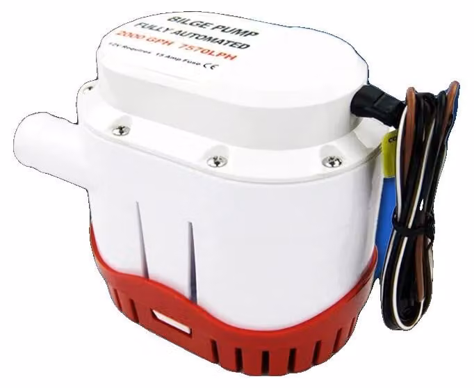 Pompa sommersa, portata 2000 GPH, tensione 12 V CC, corrente 11 A, uscita da 1-1/8 pollici, funzionamento automatico