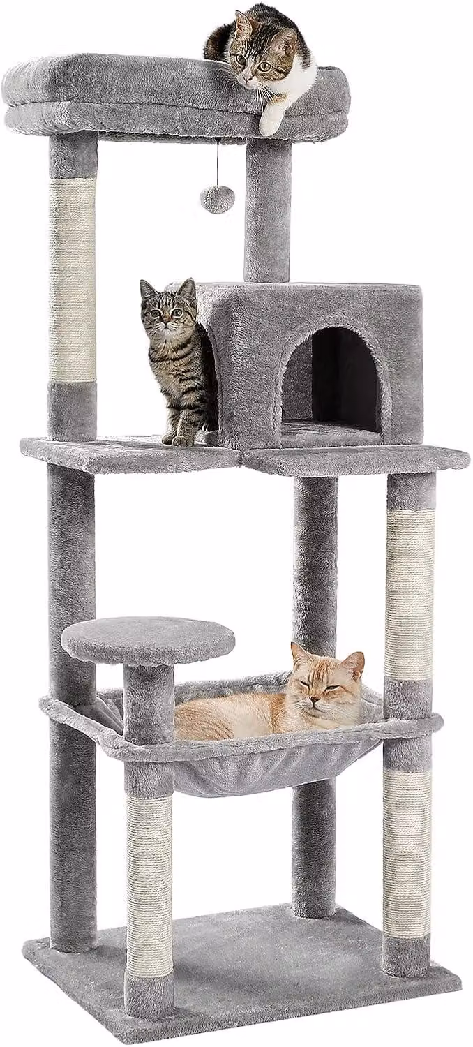 Albero per gatti di grandi dimensioni - 143 cm di altezza - stabile, con casetta e amaca - colore grigio
