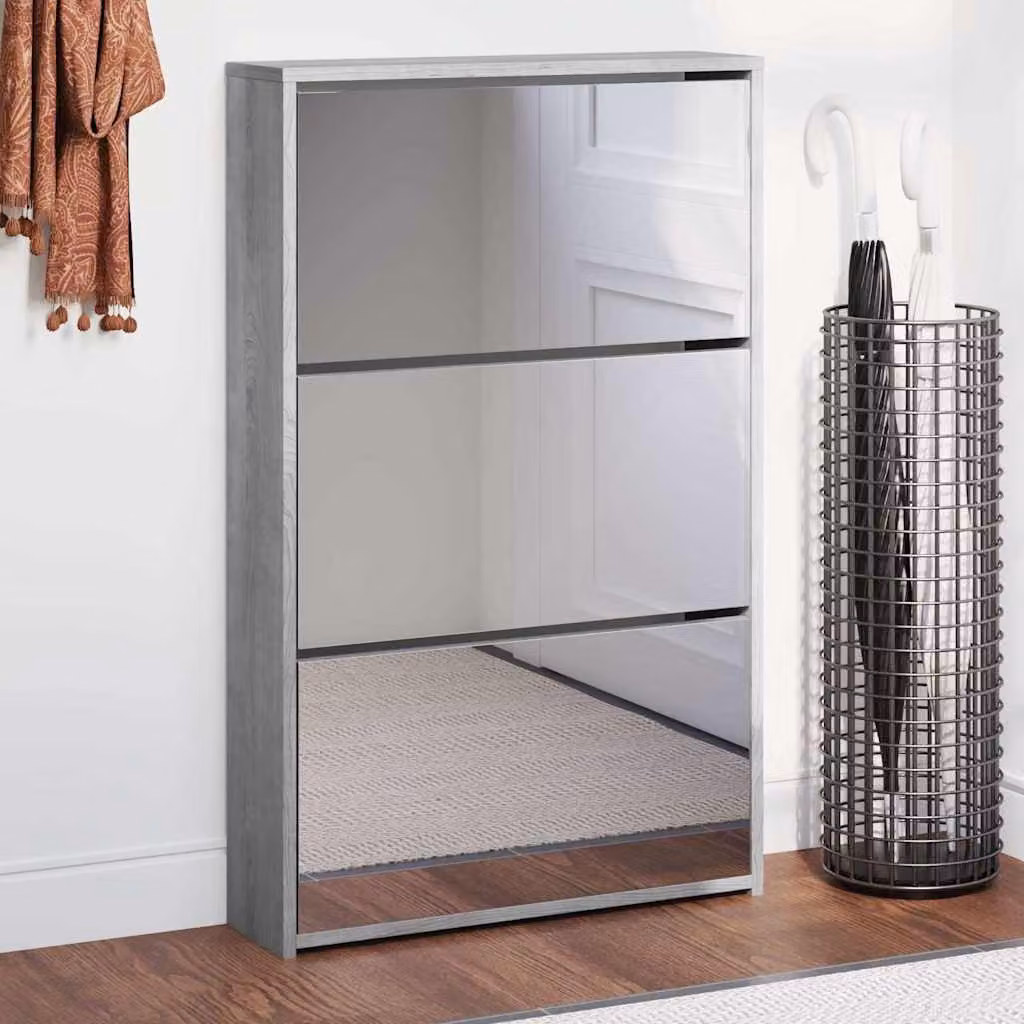 Scarpiera con specchio vidaXL a 3 livelli, Grigio, L: 63 cm, P: 17 cm, H: 102,5 cm
