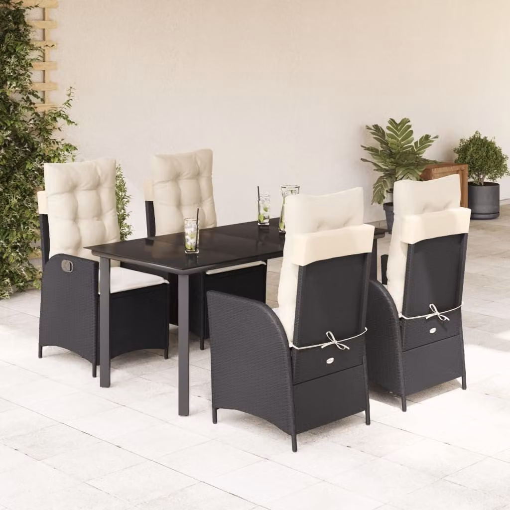 Set da Pranzo da Giardino vidaXL 5 pz in Polyrattan Nero con Piano in Vetro e Cuscini – 1