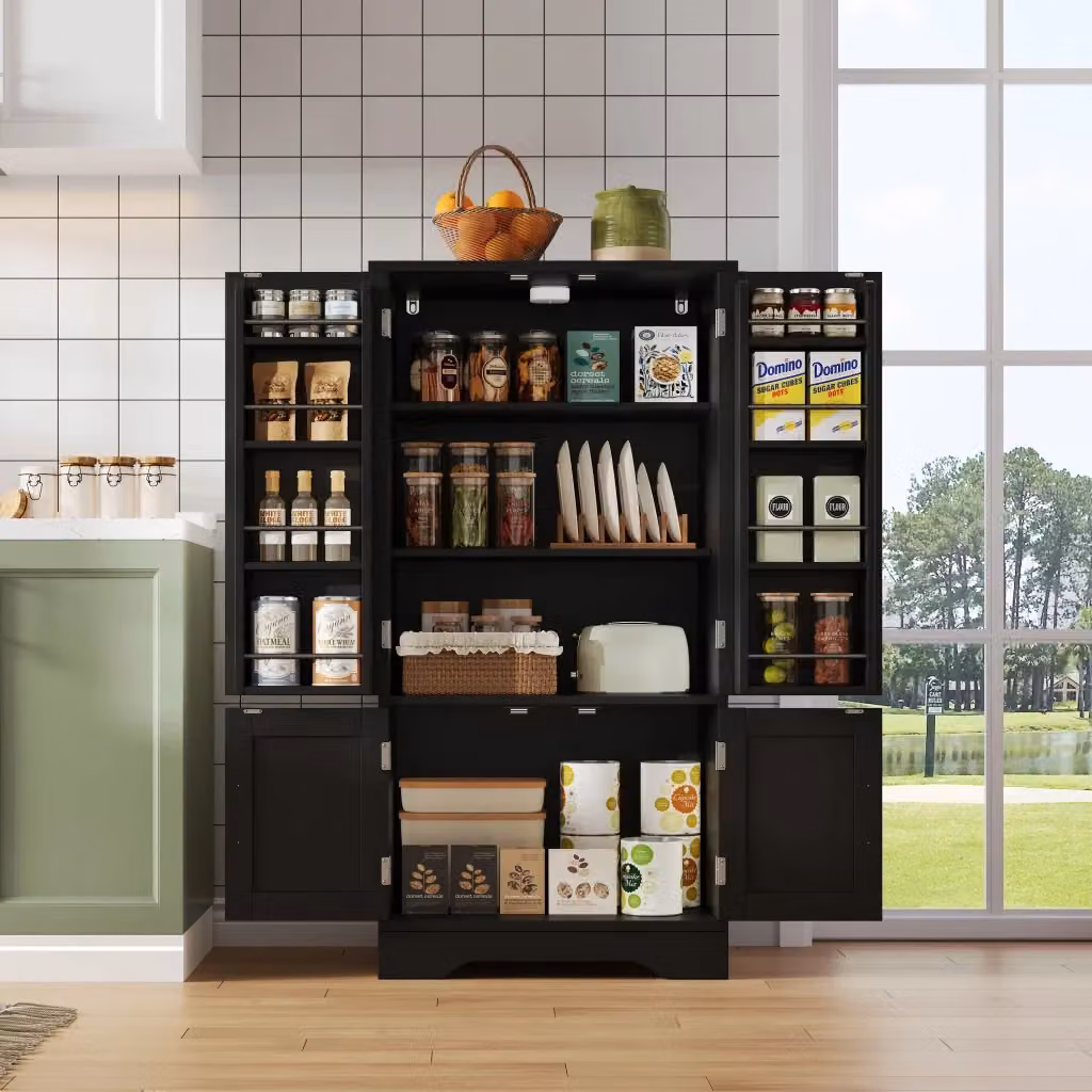 Mobile contenitore moderno in MDF nero con luce LED integrata e 2 ripiani regolabili per cucina e soggiorno L: 120 cm, P: 40 cm, H: 60 cm – 2