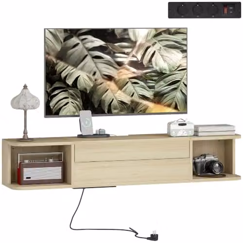 HOMCOM TV Stand da parete 120cm, 50", USB-C, effetto legno naturale