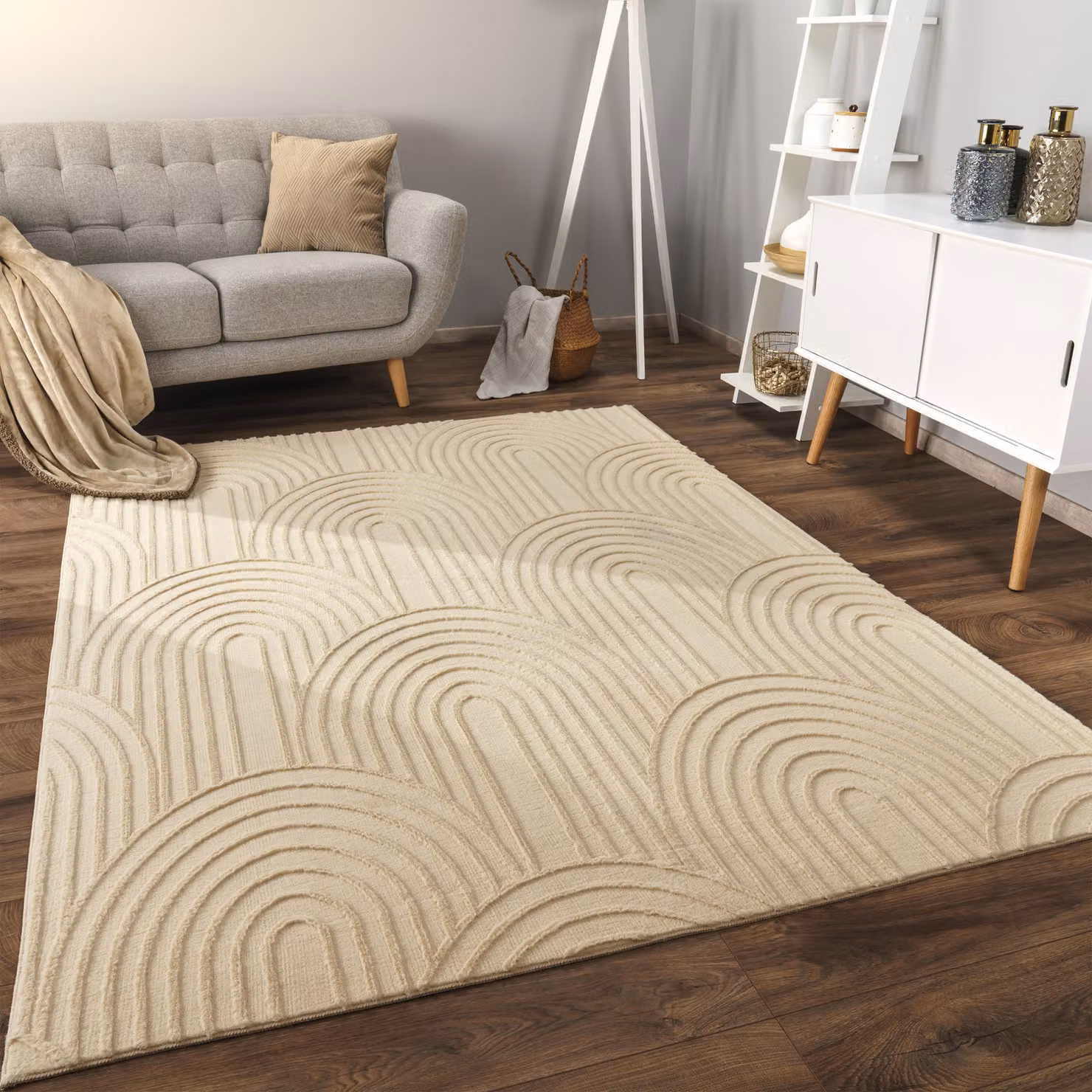 Tappeto in ecopelliccia Lelystar beige con effetto alto-basso, antiscivolo e adatto a riscaldamento a pavimento, L 120 cm x P 160 cm – 3