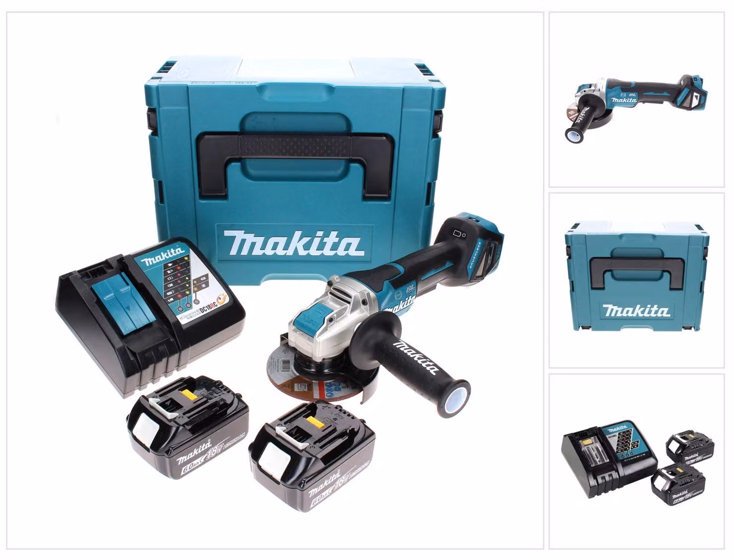 Smerigliatrice angolare a batteria Makita DGA 519 RGJ 18 V 125 mm Brushless X-Lock + 2 batterie da 6,0 Ah + caricabatterie + Makpak