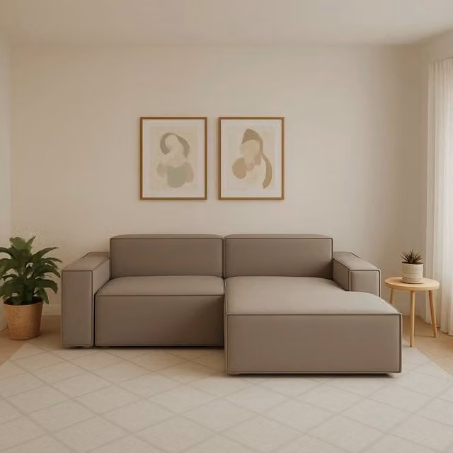 Divano componibile Ameli di Talamo Italia, modello a L con penisola destra, rivestimento in tessuto beige, con funzione letto e coperture rimovibili, L/P/H: 240 x 170 x 70 cm – 1