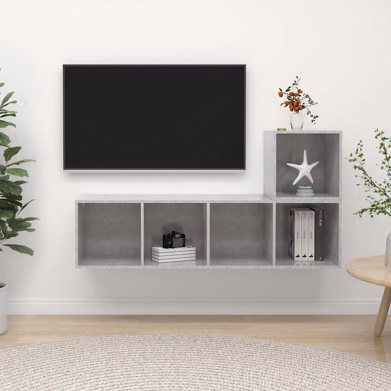 Set di mobili TV vidaXL in legno e MDF, 2 pezzi, colore grigio, design minimalista a parete con scomparti multimediali