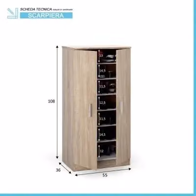 Mobile scarpiera moderna in legno color rovere con 2 ante e ripiani per bagno o ingresso H 108 cm, L 36 cm, P 55 cm – 2