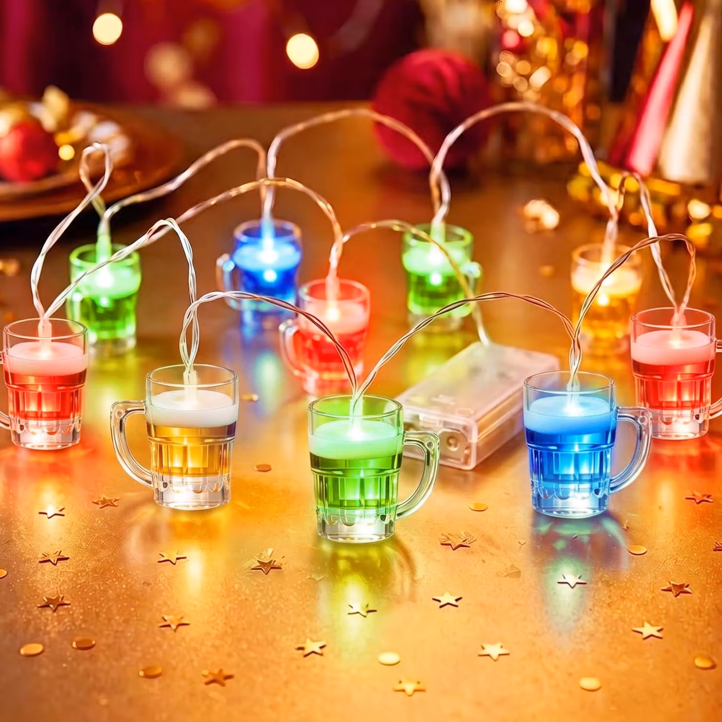 Catena luminosa a forma di bicchiere di birra, lunghezza 1,5 metri, 10 LED, 4 colori, alimentata a batteria