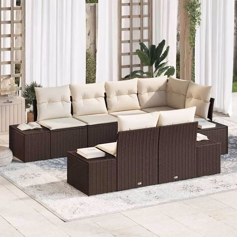 Maison Exclusive - Set da giardino composto da 7 pezzi. Divano e poltrone in rattan sintetico, color marrone e crema